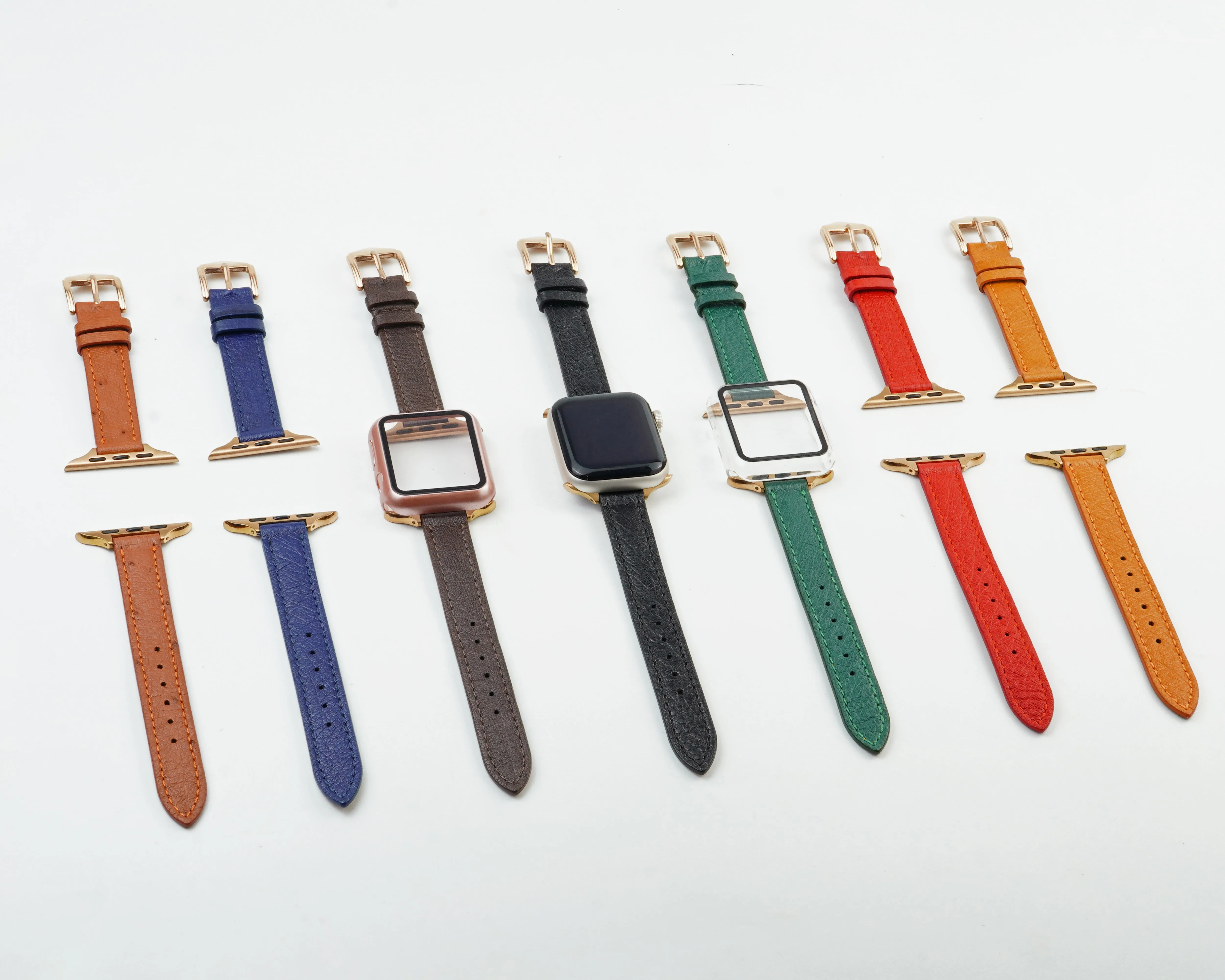 Blue Flat Ostrich Leather Band Compatible Apple Watch Iwatch 49mm Screen Protector Case Black Adapter Replacement Strap For Smartwatch Series 7 8 Leather Handmade AW-184G-W-49MM