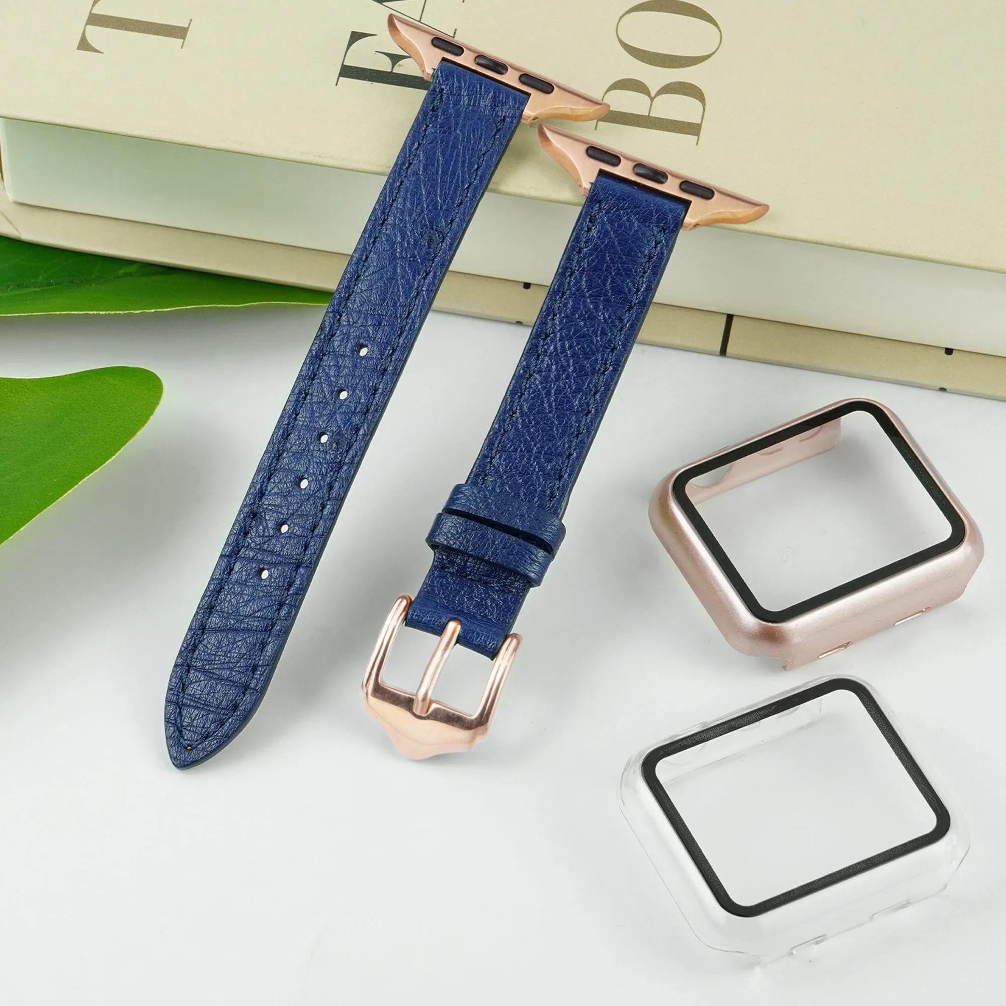 Blue Flat Ostrich Leather Band Compatible Apple Watch Iwatch 49mm Screen Protector Case Black Adapter Replacement Strap For Smartwatch Series 7 8 Leather Handmade AW-184G-W-49MM