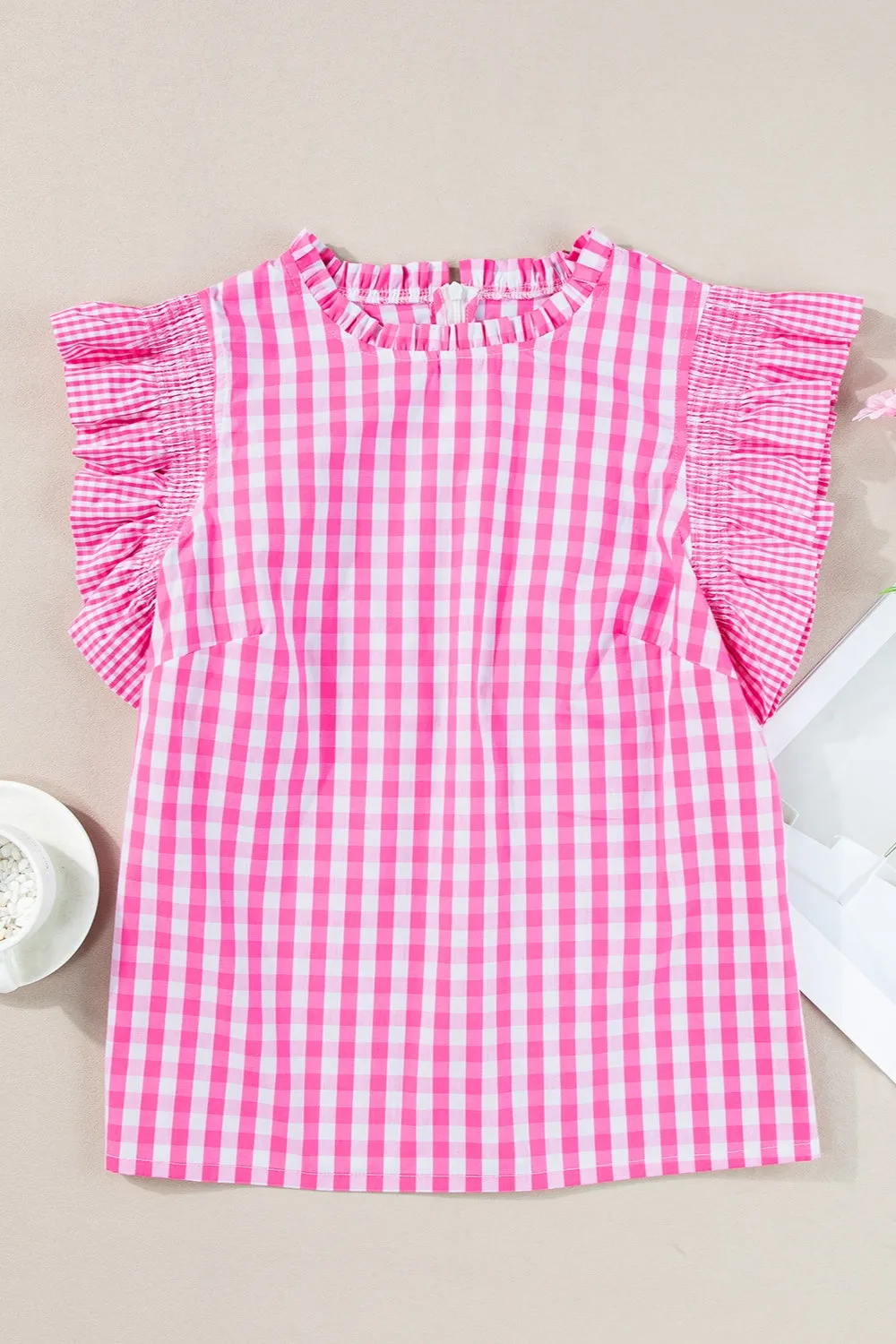 TEEK - Ruffled Plaid Mock Neck Cap Sleeve Blouse
