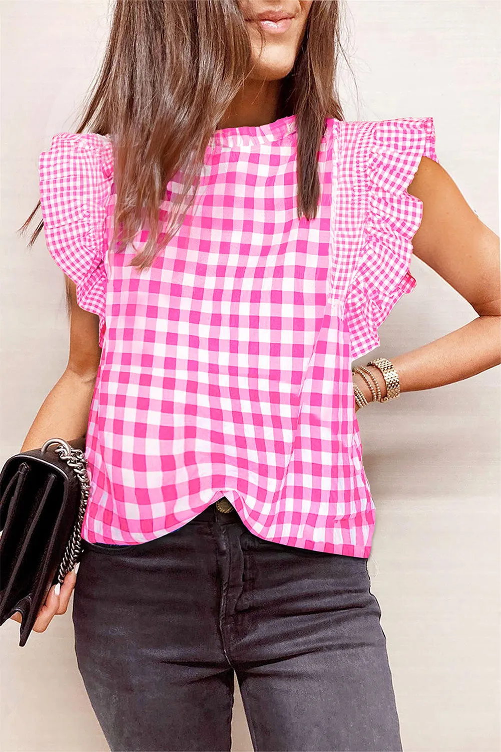 TEEK - Ruffled Plaid Mock Neck Cap Sleeve Blouse