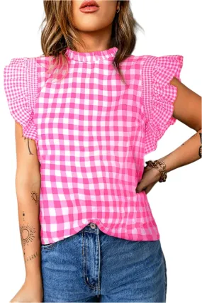 TEEK - Ruffled Plaid Mock Neck Cap Sleeve Blouse