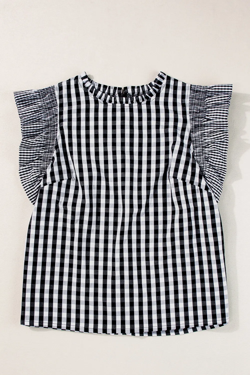 TEEK - Ruffled Plaid Mock Neck Cap Sleeve Blouse