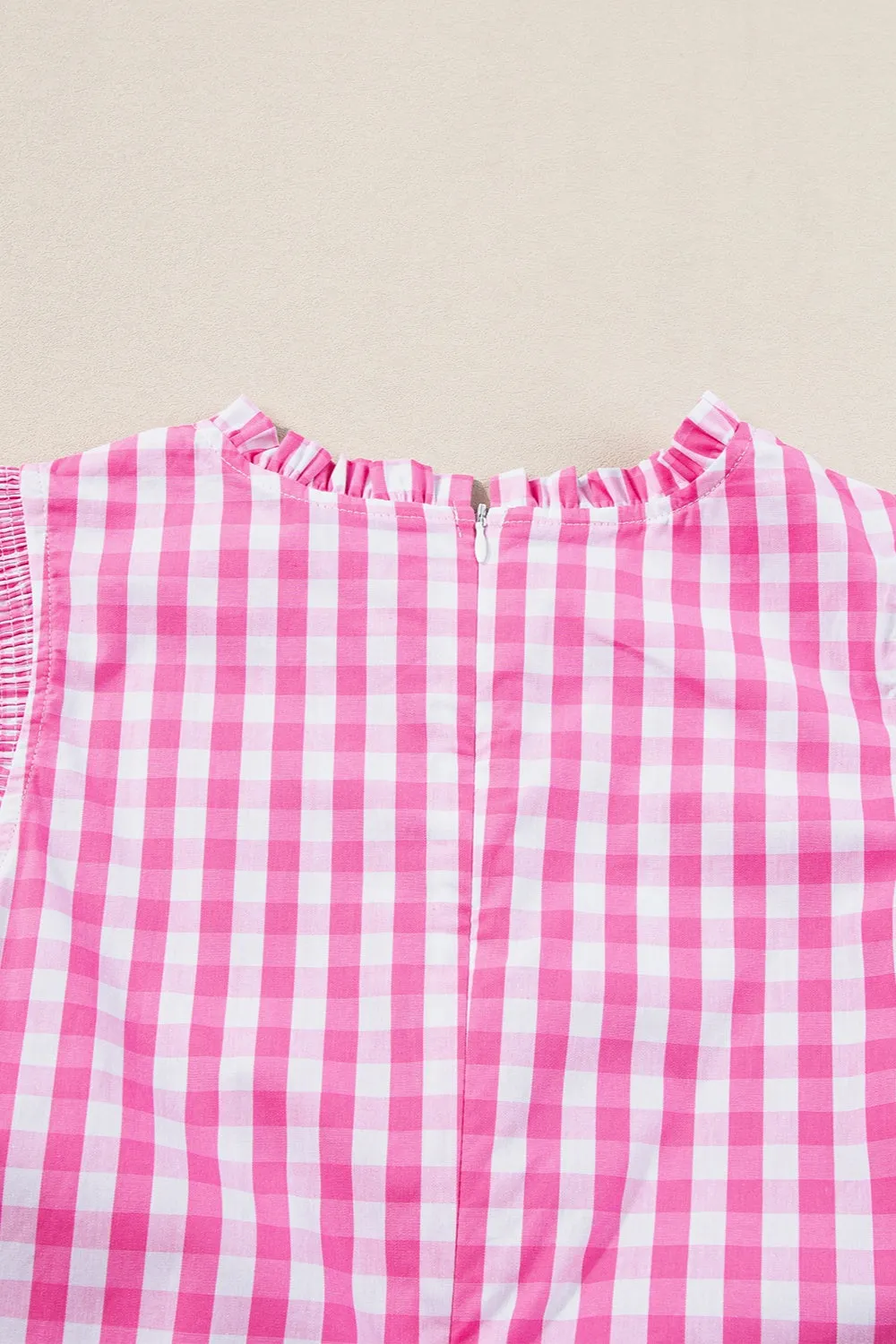 TEEK - Ruffled Plaid Mock Neck Cap Sleeve Blouse