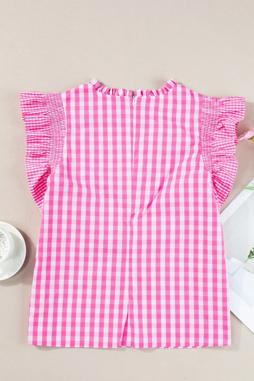TEEK - Ruffled Plaid Mock Neck Cap Sleeve Blouse