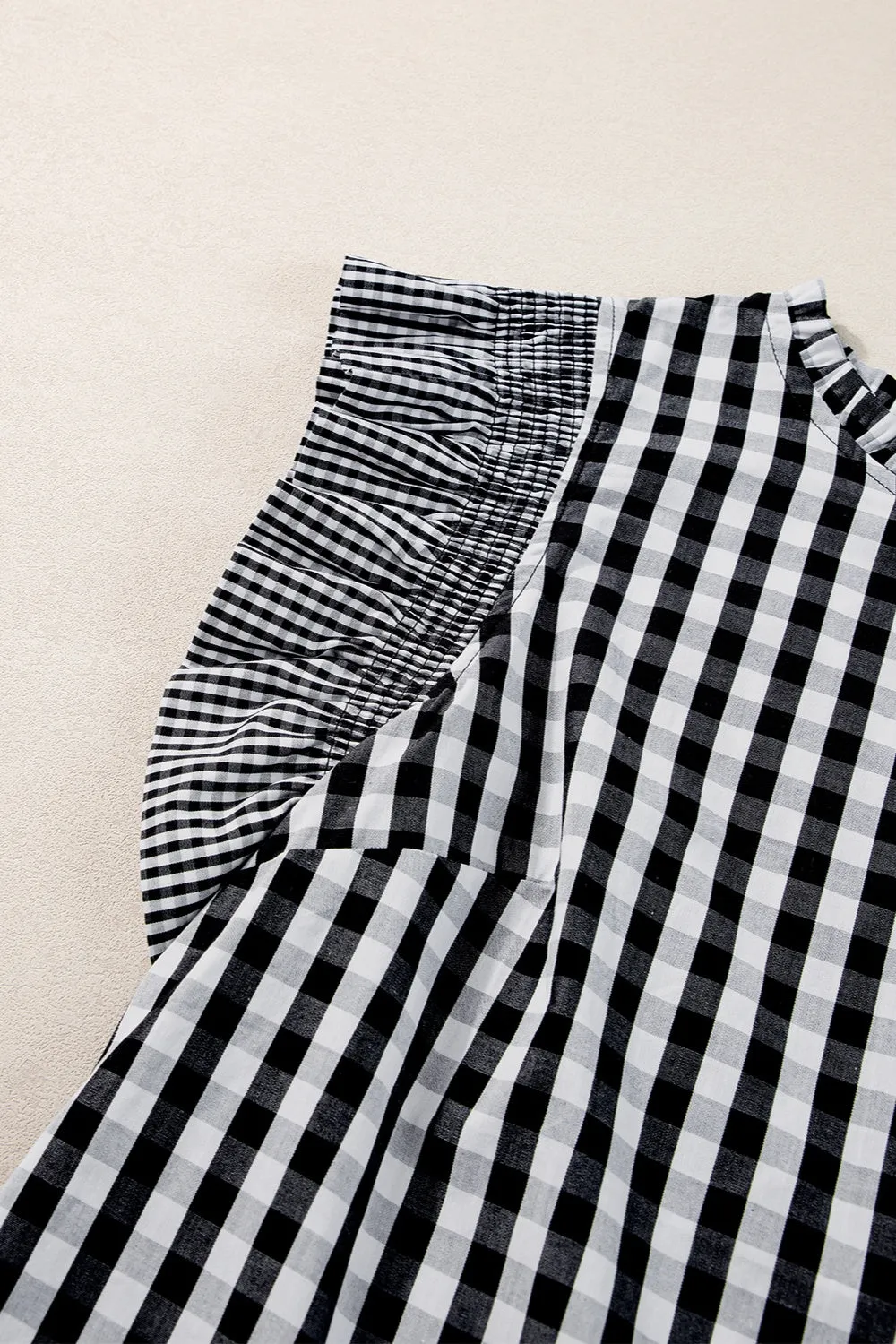 TEEK - Ruffled Plaid Mock Neck Cap Sleeve Blouse