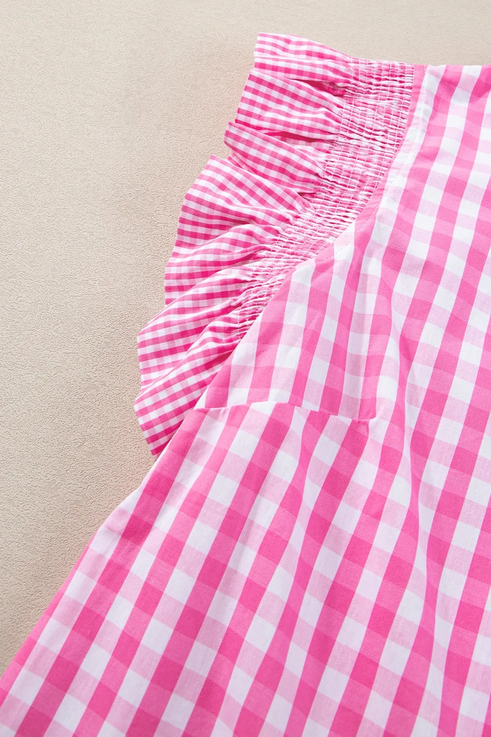 TEEK - Ruffled Plaid Mock Neck Cap Sleeve Blouse