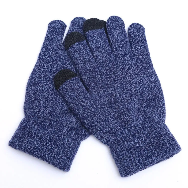 Winter Touch Screen Gloves Women Men Warm Stretch Knit Mittens Imitation Wool Thicken Full Finger Gloves(B-Blue)
