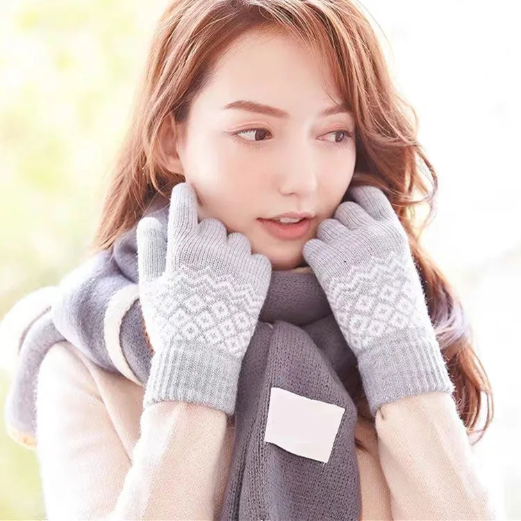 Winter Touch Screen Gloves Women Men Warm Stretch Knit Mittens Imitation Wool Thicken Full Finger Gloves(B-Blue)